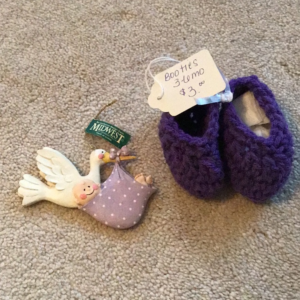 New Baby Ornament & Purple Baby Booties (3-6 mo)